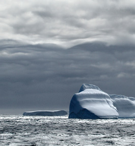 Moody shot of icebergs on rough waters against a densely cloudy sky, all in various tones of gray.